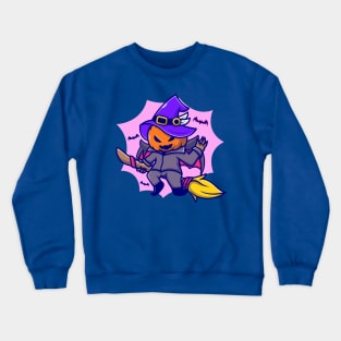 Cute Witch Pumpkin Riding Magic Broom Cartoon Crewneck Sweatshirt